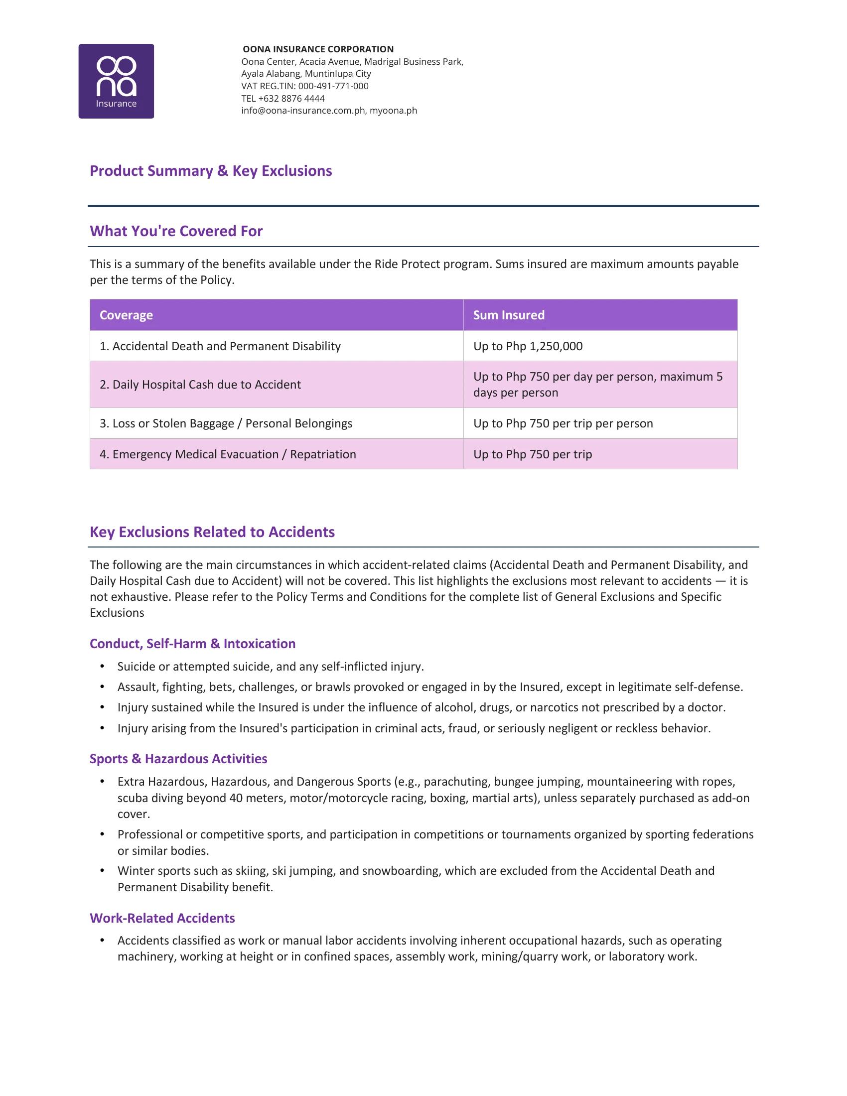 Green GSM Ride Insurance Product Summary - Pahina 1